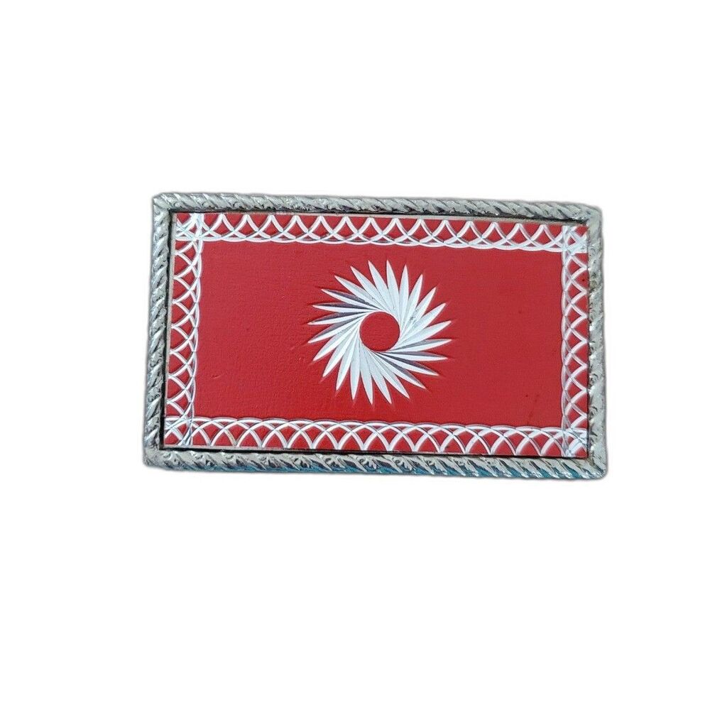 Western MCM SunBurst Belt Buckle Red Silver Tone Swirl Laser Etched